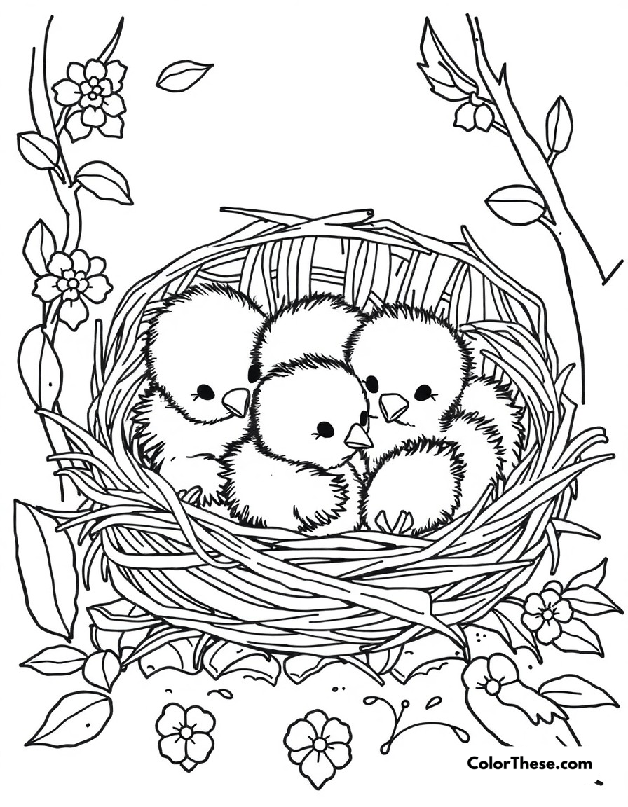 Free printable chick nest time coloring page for kids and adults - A cozy scene of baby chicks snuggling in their nest.