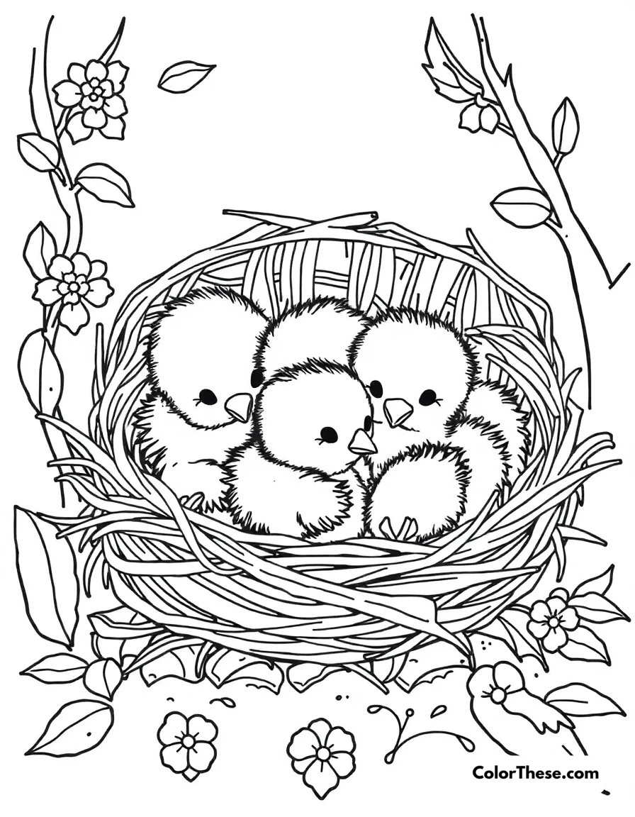 Free printable chick nest time coloring page. Cozy scene of baby chicks snuggling in their nest.