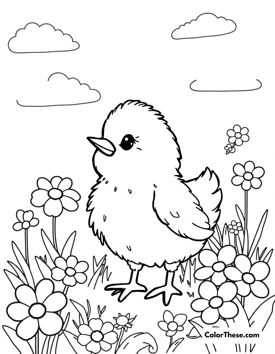 Free printable chick spring day coloring page for kids and adults - A happy chick enjoying a beautiful spring day with blooming flowers.