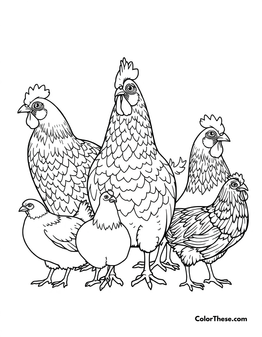 Free printable chicken breeds display coloring page for kids and adults - A different chicken breeds showing their unique characteristics and patterns.