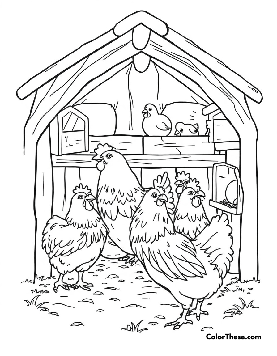 Free printable chicken coop life coloring page for kids and adults - A chickens enjoying their cozy coop with nesting boxes and perches.