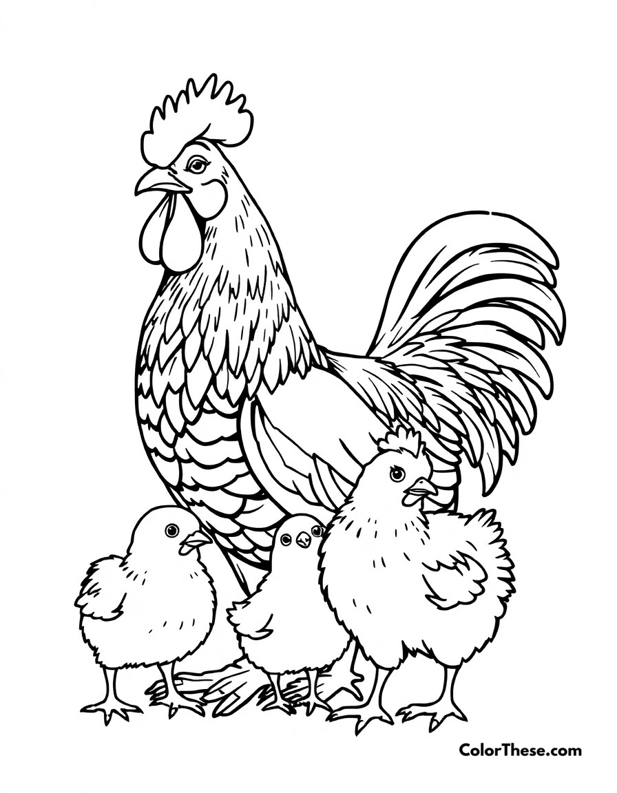 Free printable chicken family portrait coloring page for kids and adults - A a complete chicken family with rooster, hen, and chicks together.