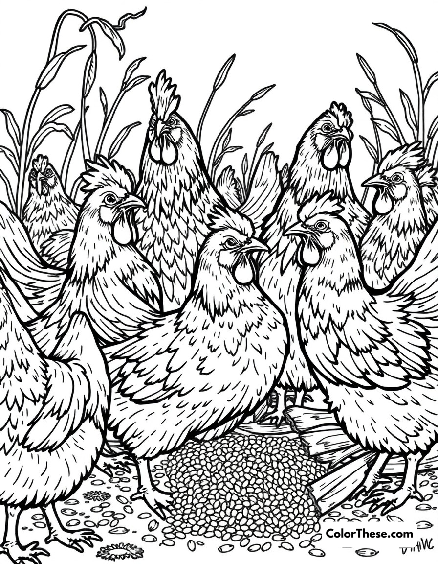 Free printable chicken feeding time coloring page for kids and adults - A chickens gathering around for their morning feed of grain and corn.