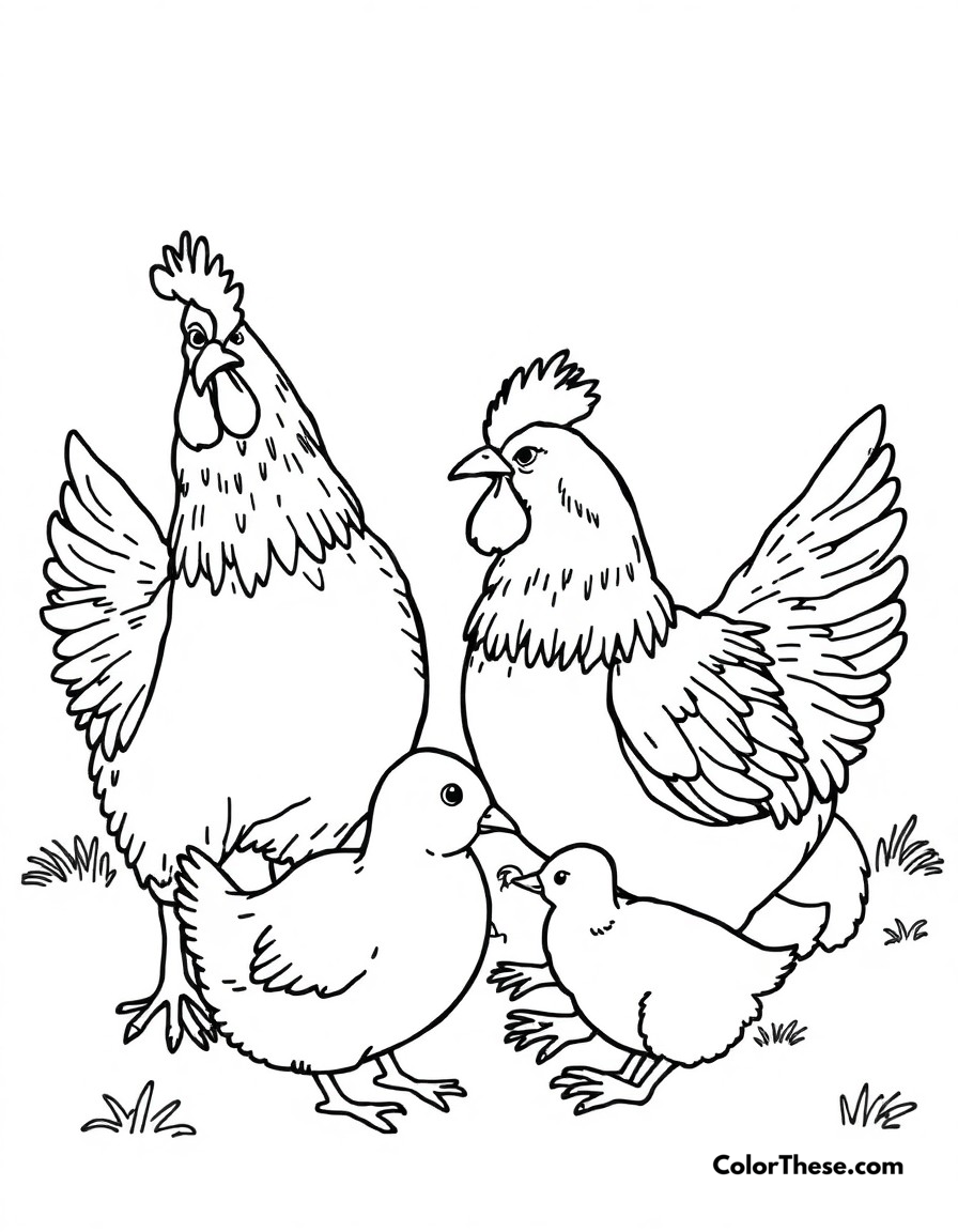 Free printable chicken friends coloring page for kids and adults - A chickens interacting with other farm animals like ducks and rabbits.