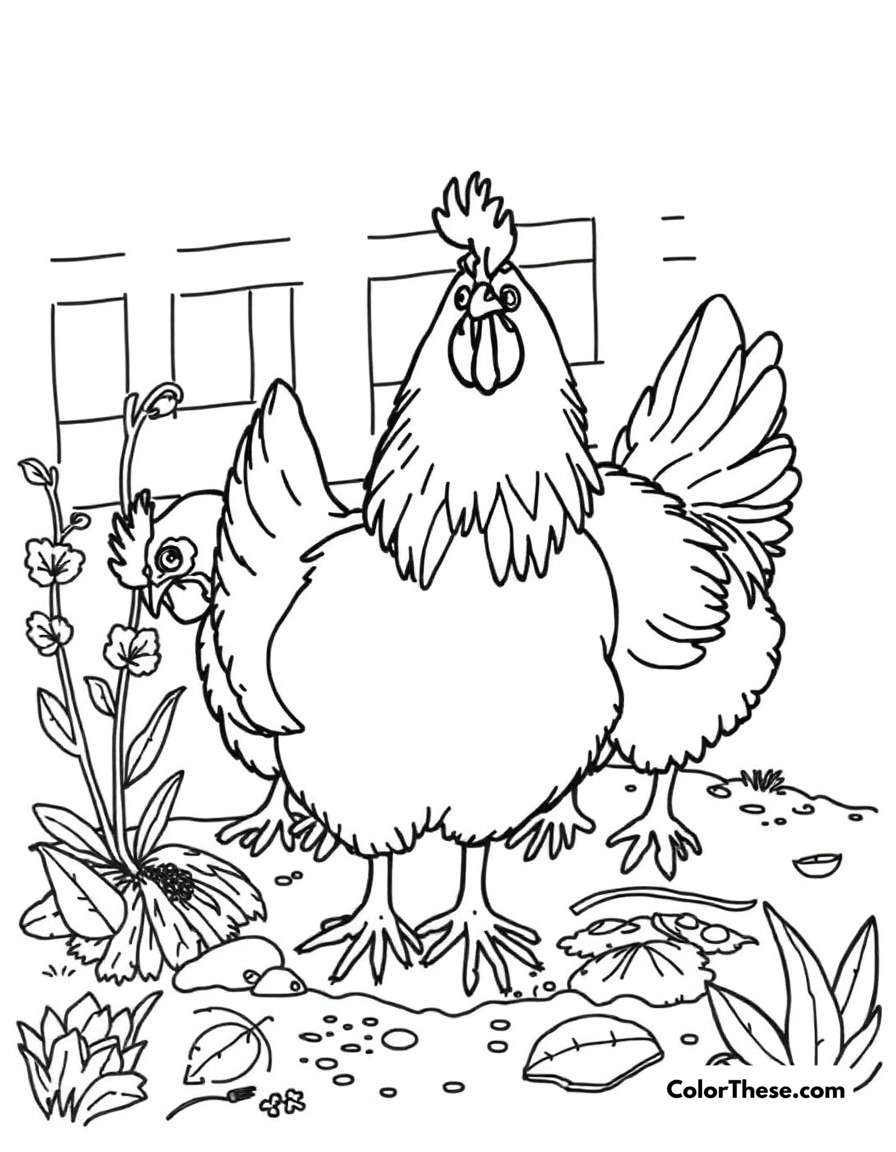 Free printable chicken garden helper coloring page for kids and adults - A chickens helping in the garden by eating bugs and scratching soil.