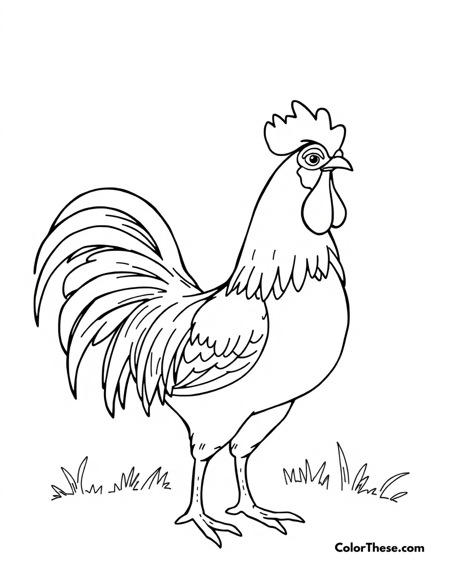 Free printable chicken morning call coloring page for kids and adults - A a rooster announcing the morning with his signature crow.