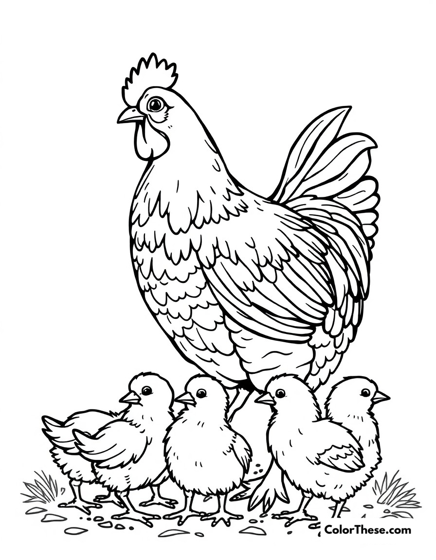 Free printable chicken mother hen coloring page for kids and adults - A a caring mother hen watching over her brood of chicks.