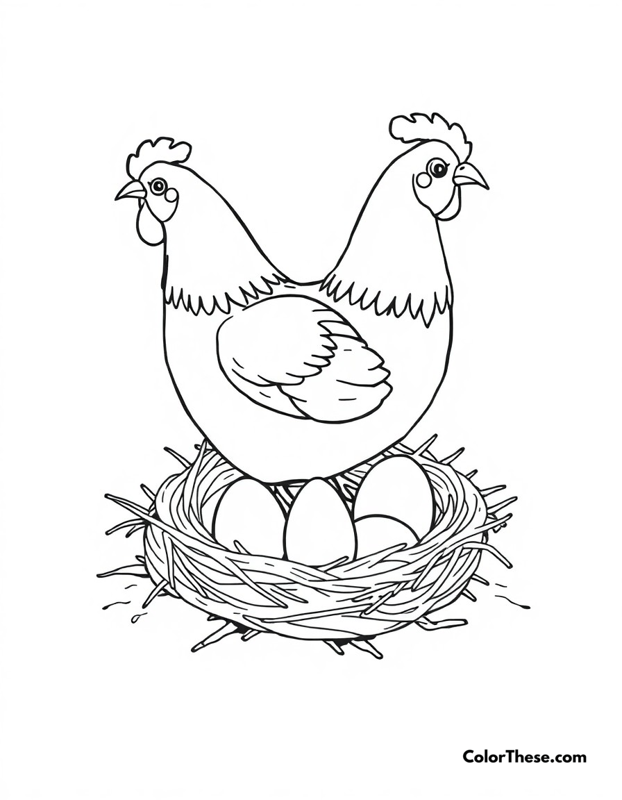 Free printable chicken nesting time coloring page for kids and adults - A a hen sitting on her nest, carefully tending to her eggs.