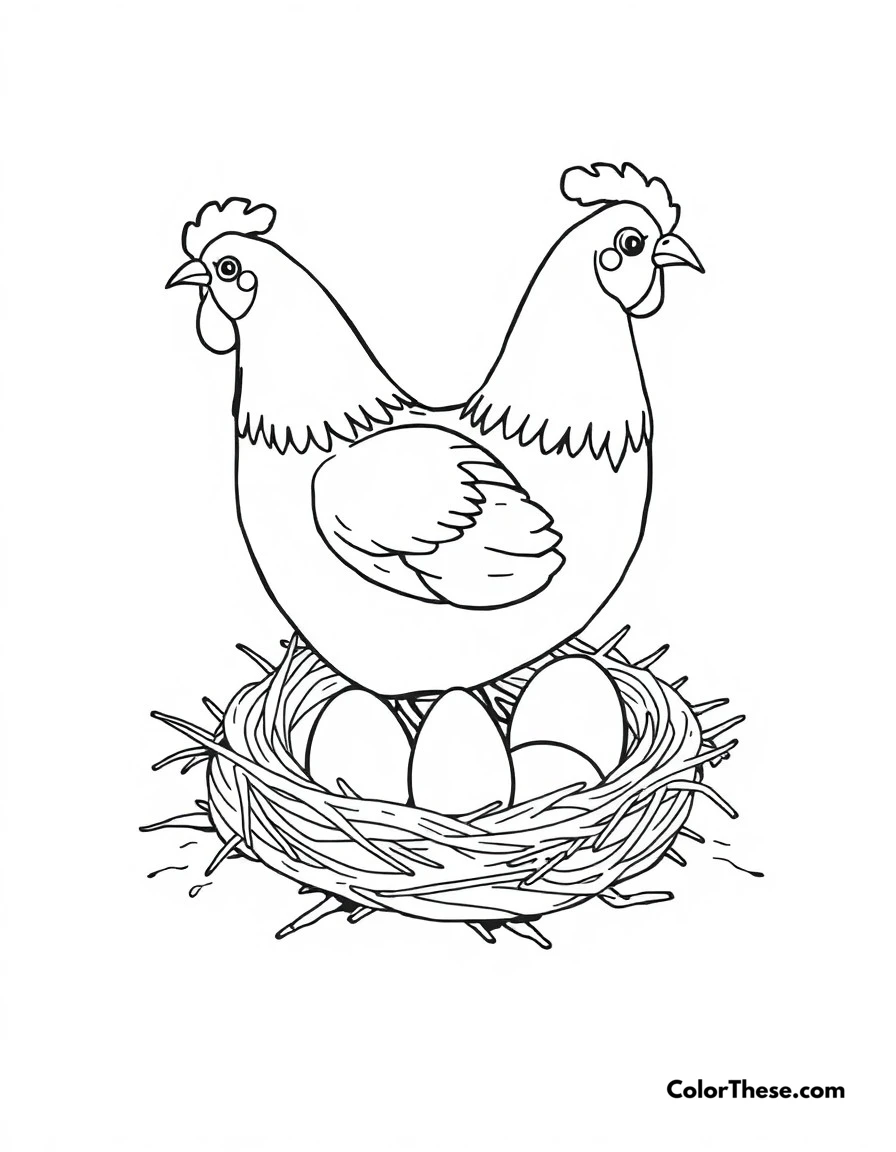 Free printable chicken nesting time coloring page. A hen sitting on her nest, carefully tending to her eggs.