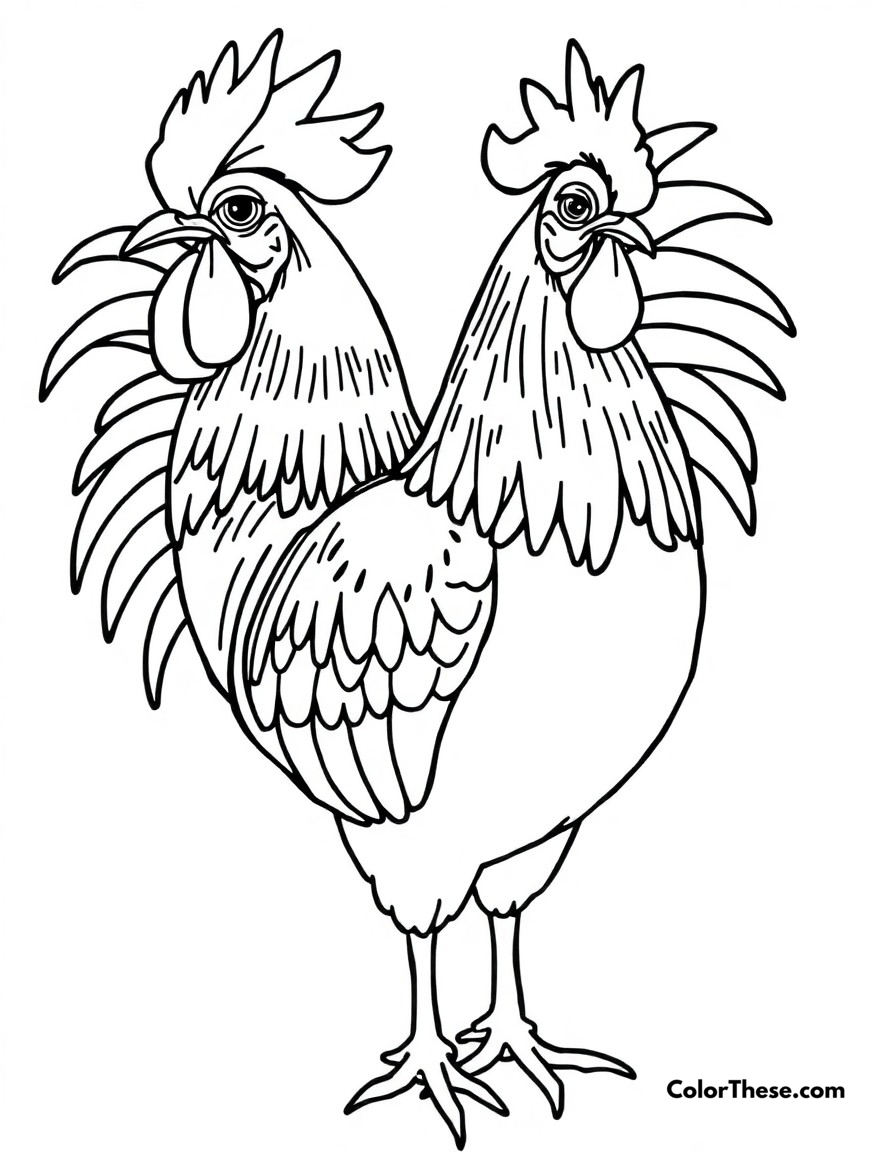 Free printable chicken rooster pride coloring page for kids and adults - A a proud rooster showing off his colorful feathers and impressive comb.