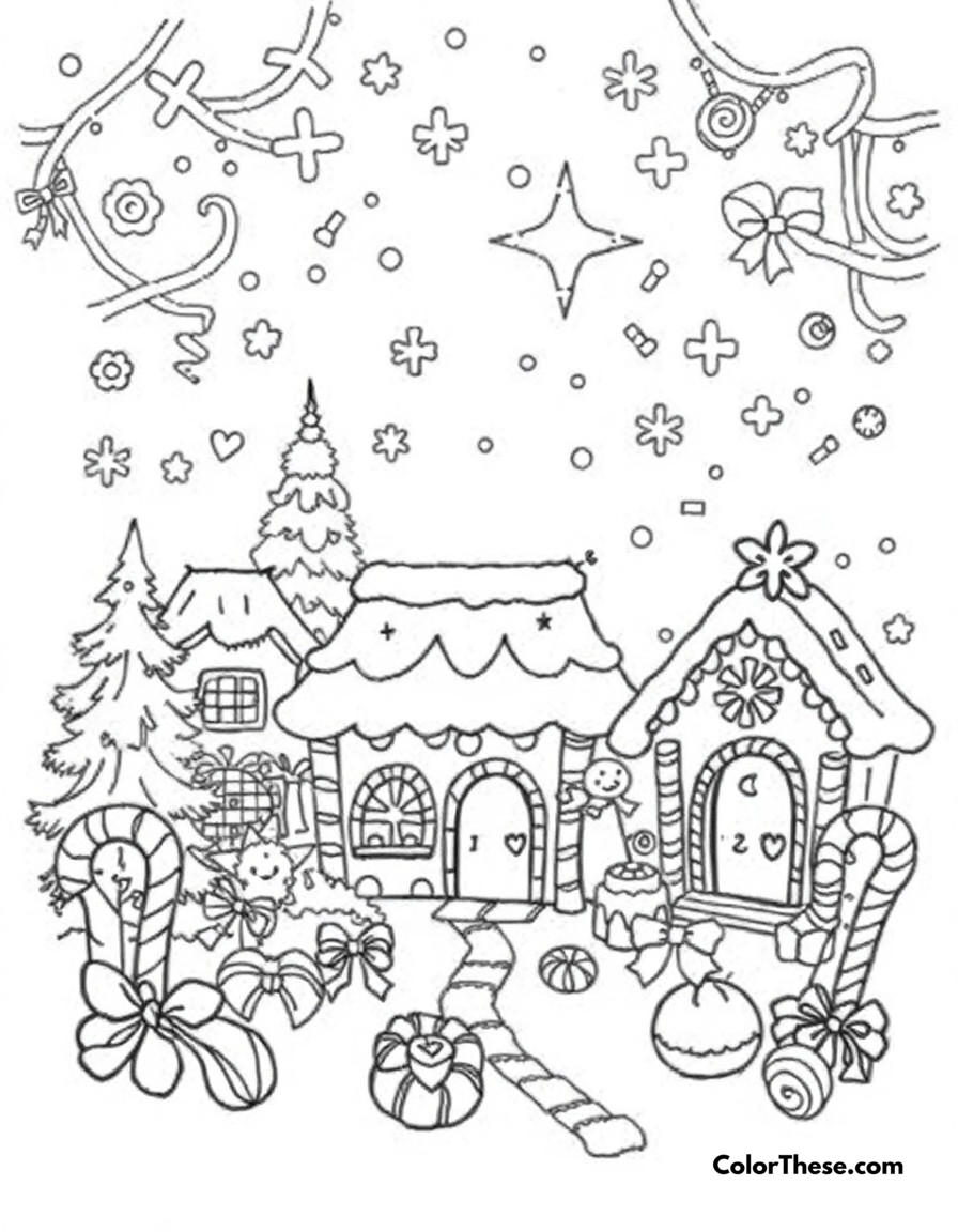 Free printable christmas candy land coloring page for kids and adults - A a magical scene of candy canes, gingerbread houses, and sweet treats.