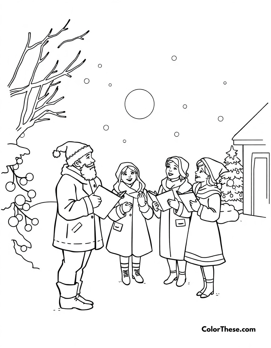 Free printable christmas carol singing coloring page for kids and adults - A carolers singing festive christmas songs in the snowy evening.