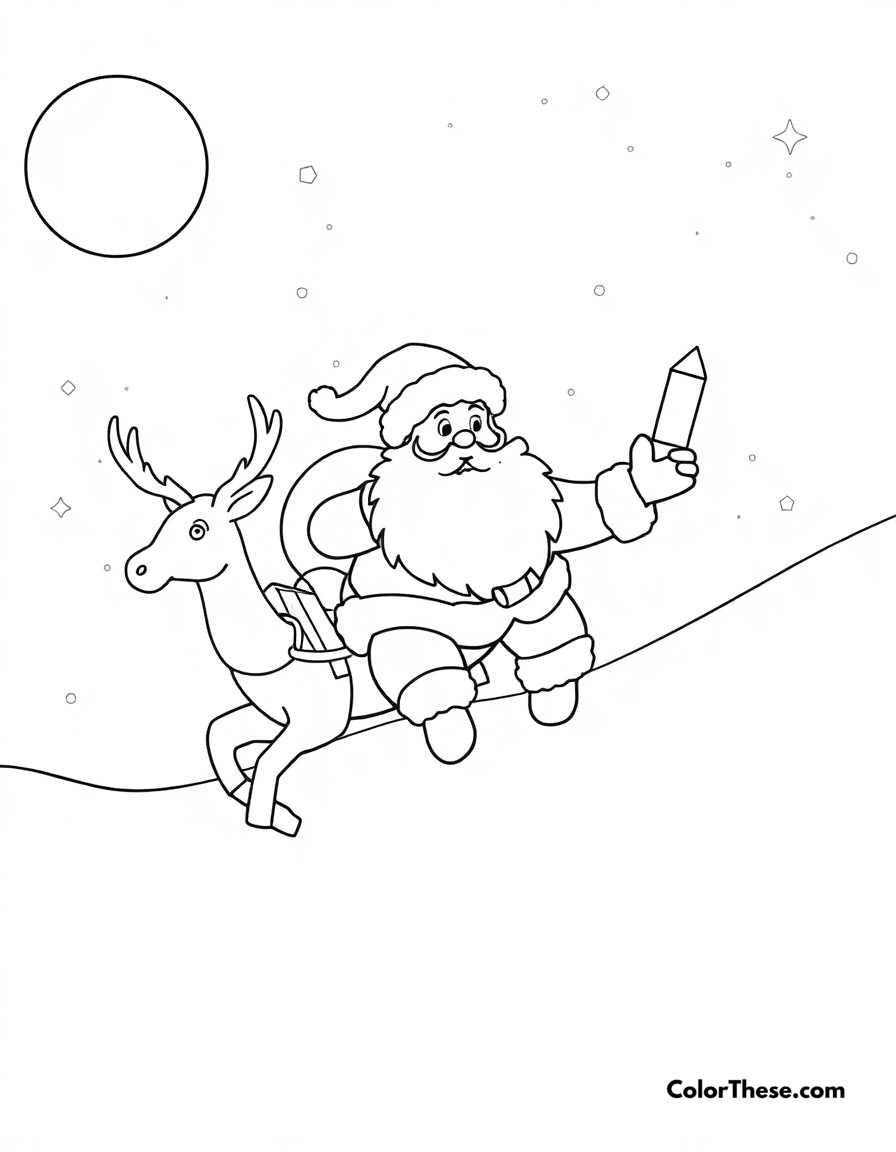 Free printable christmas eve delivery coloring page for kids and adults - A santa claus and his reindeer flying through the night sky delivering presents.