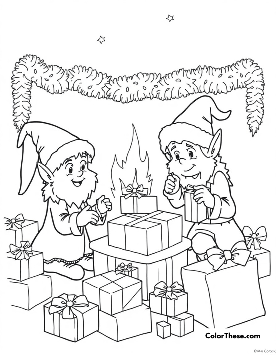 Free printable christmas elf workshop coloring page for kids and adults - A santa's elves busy making and wrapping presents for children.