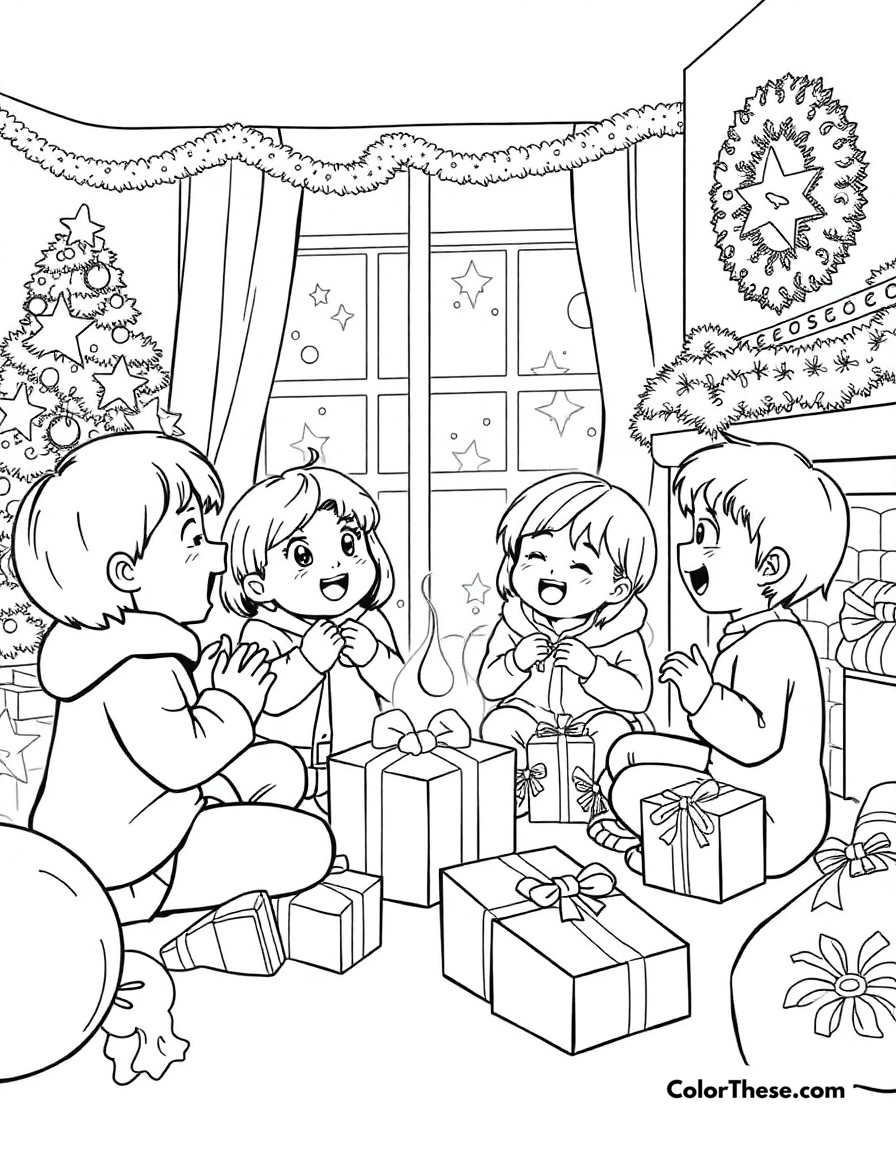 Free printable christmas morning joy coloring page for kids and adults - A the excitement of christmas morning as children discover their presents.