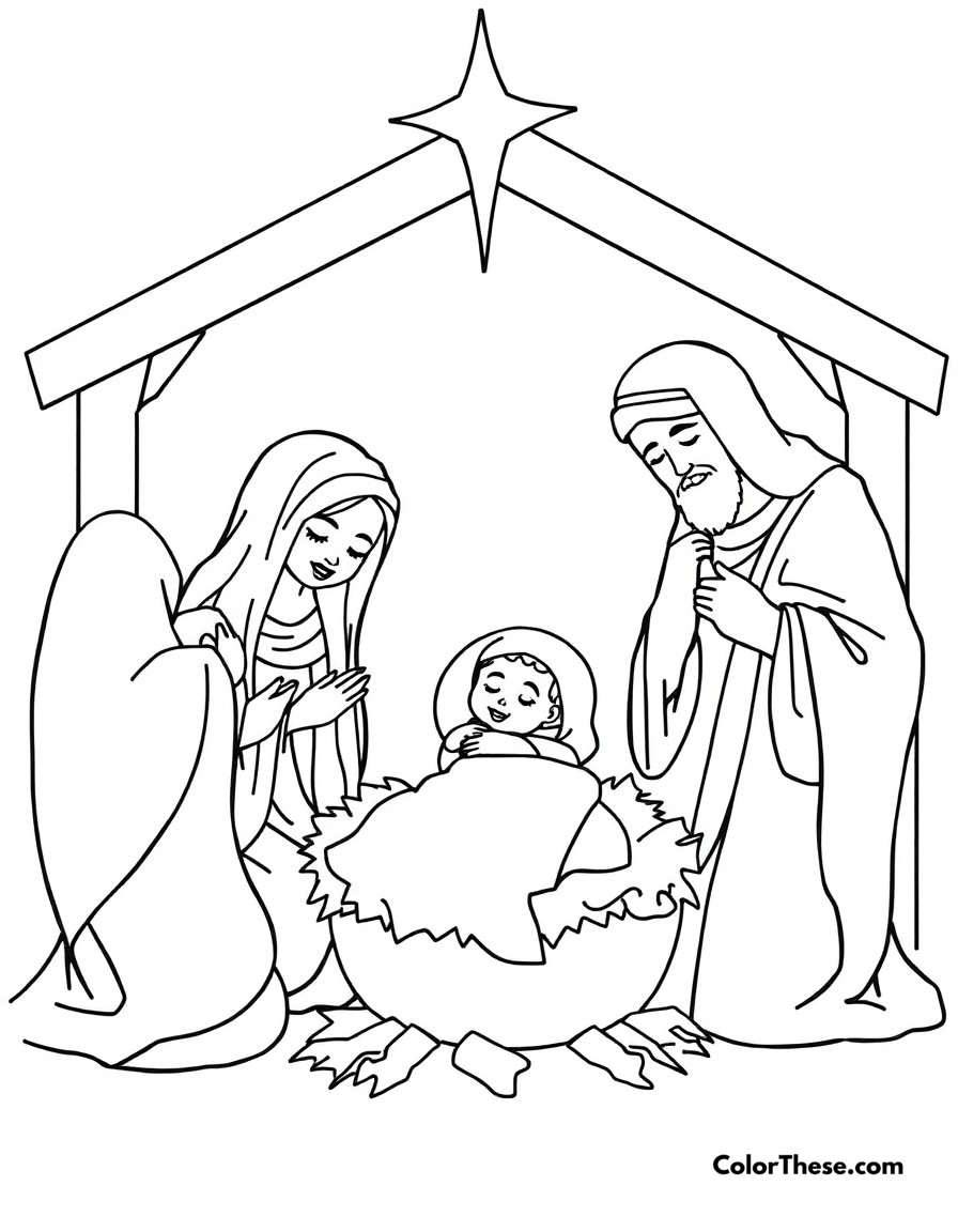 Free printable christmas nativity scene coloring page for kids and adults - A the traditional nativity scene with baby jesus, mary, joseph, and the three wise men.