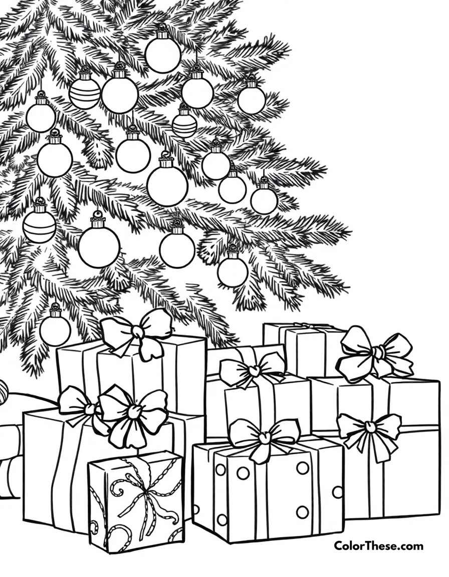 Free printable christmas present time coloring page for kids and adults - A beautifully wrapped christmas presents under a decorated tree.