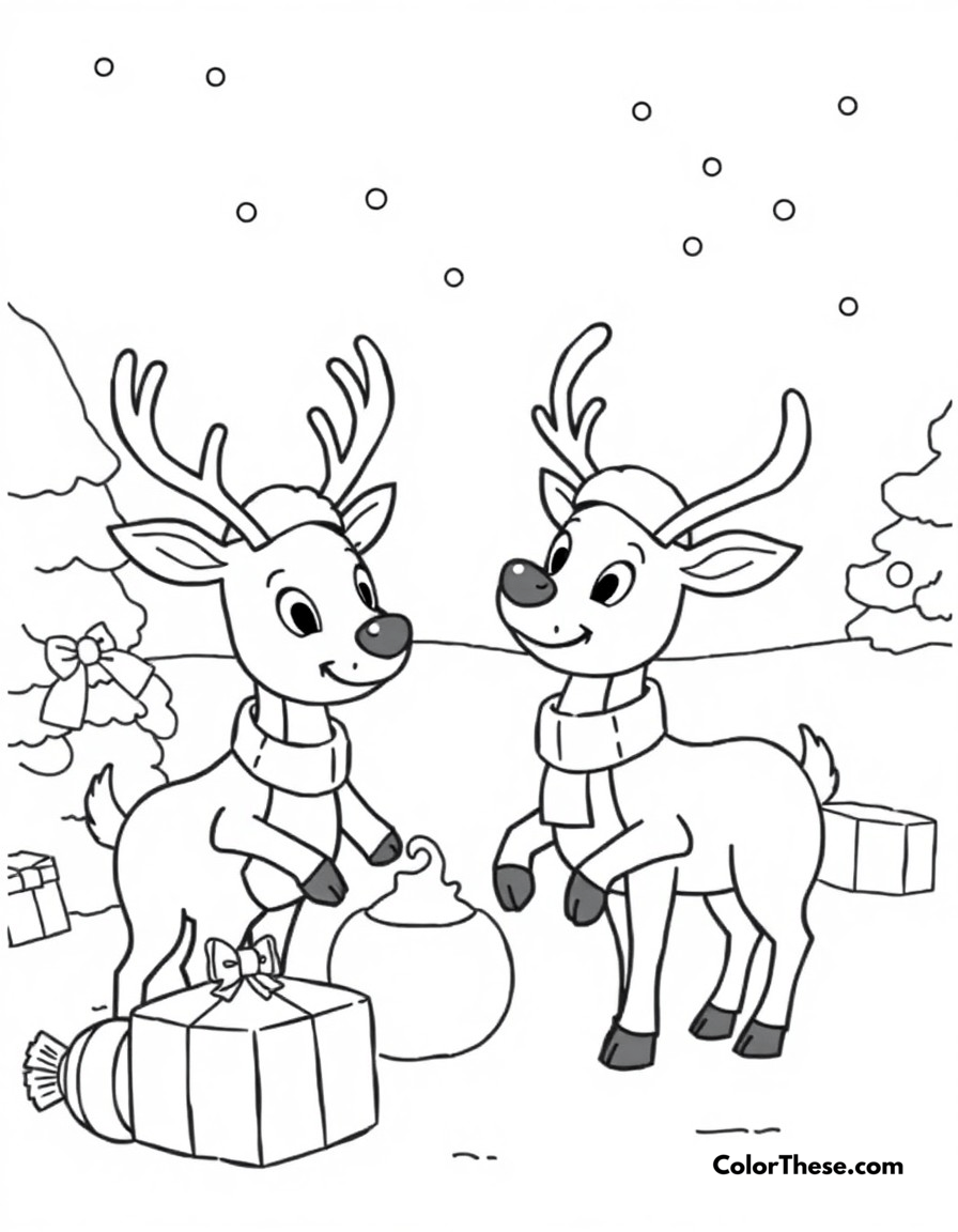 Free printable christmas reindeer games coloring page for kids and adults - A rudolph and the other reindeer playing festive games at the north pole.