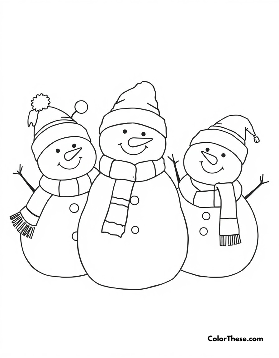 Free printable christmas snowman family coloring page for kids and adults - A a cheerful family of snowmen wearing festive winter accessories.