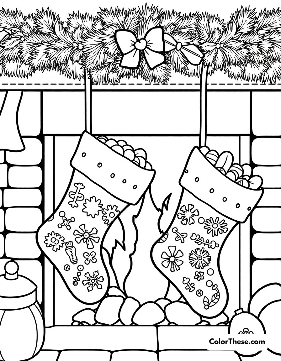 Free printable christmas stocking fun coloring page for kids and adults - A decorated christmas stockings hanging by the fireplace filled with treats.