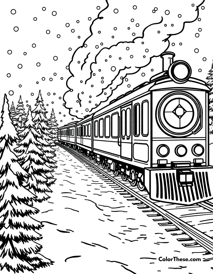 Free printable christmas polar express coloring page for kids and adults - A the magical polar express train traveling through a snowy christmas night.