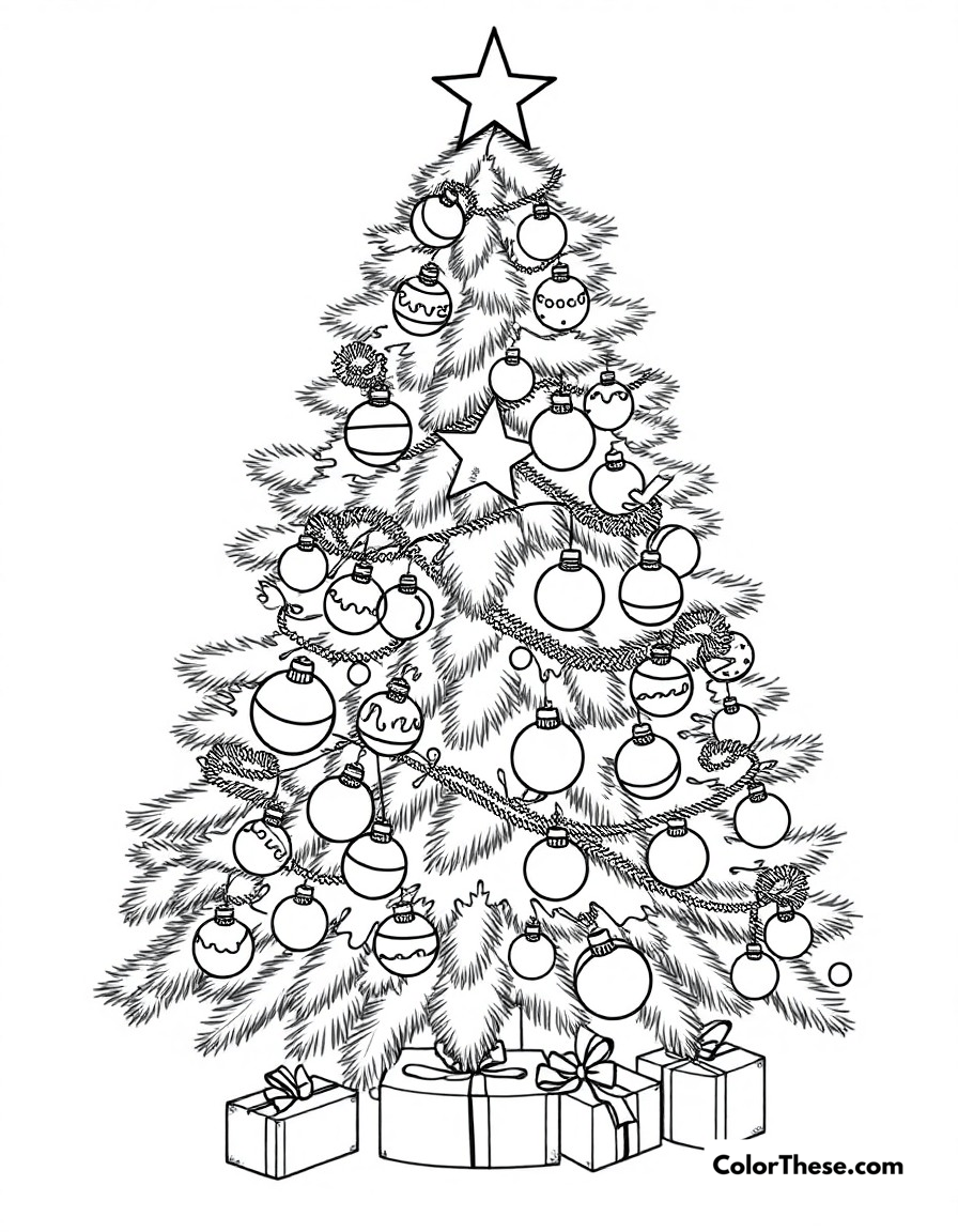 Free printable christmas tree decorating coloring page for kids and adults - A a beautiful christmas tree being decorated with ornaments, lights, and tinsel.