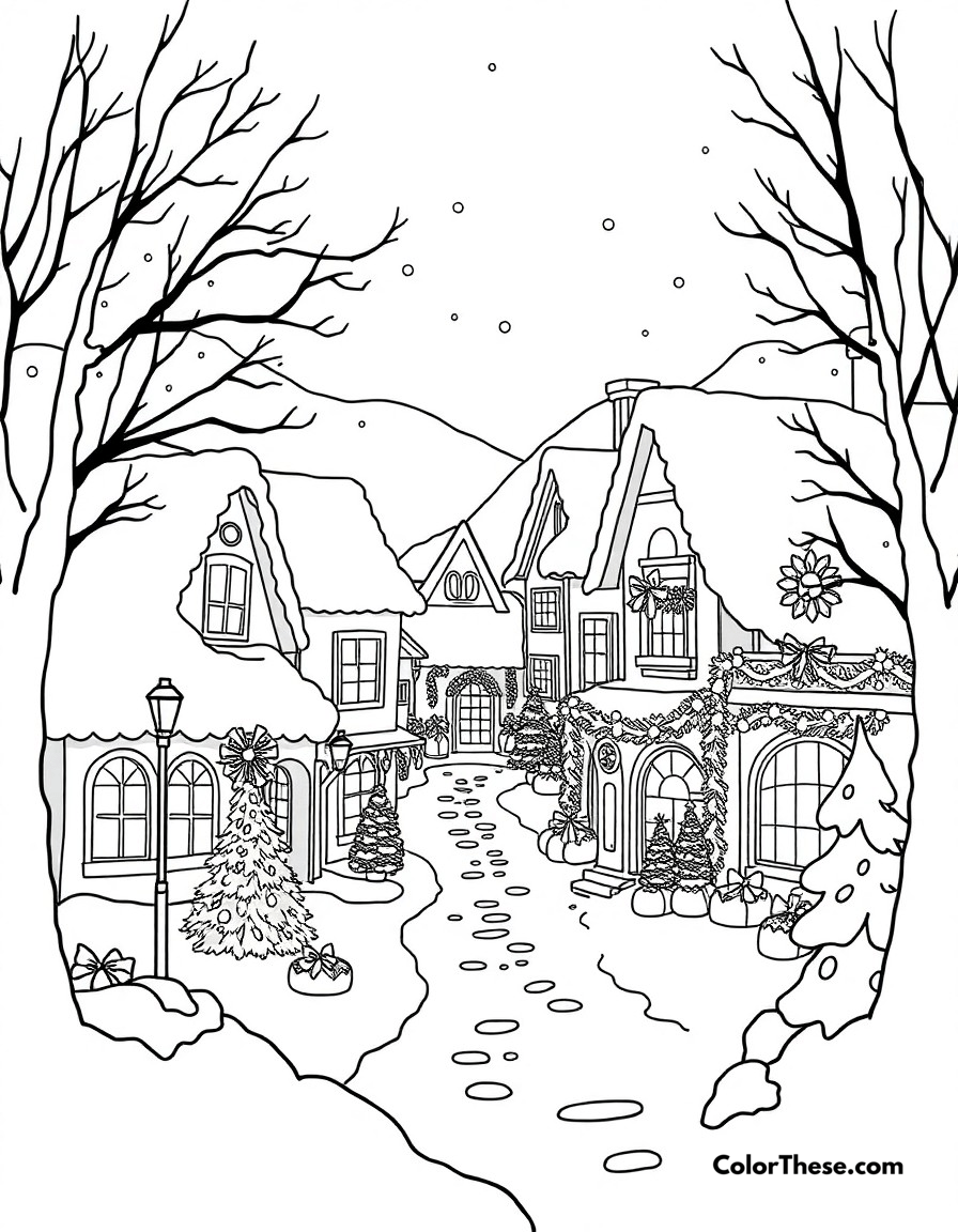 Free printable christmas winter village coloring page for kids and adults - A a cozy winter village decorated for christmas with lights and decorations.