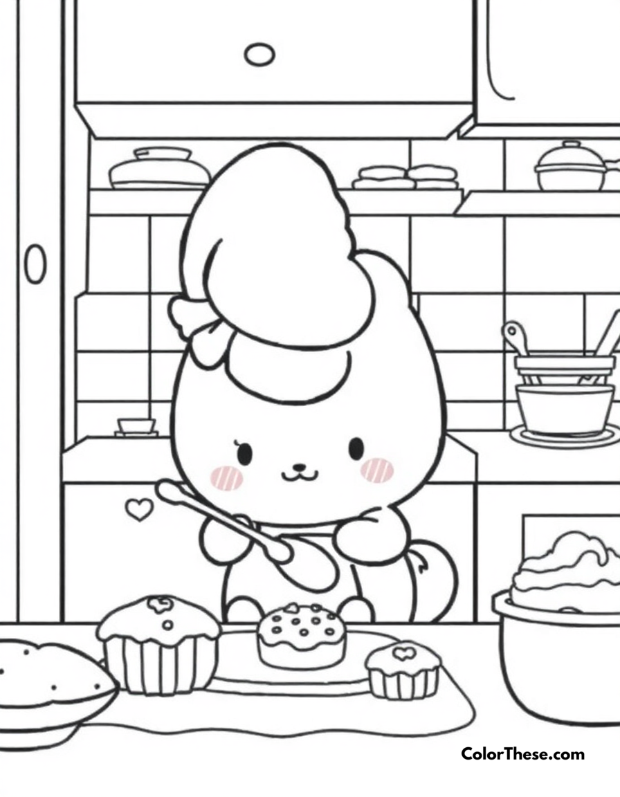 Free printable cinnamoroll baking time coloring page for kids and adults - A cinnamoroll having fun baking sweet treats in the kitchen.