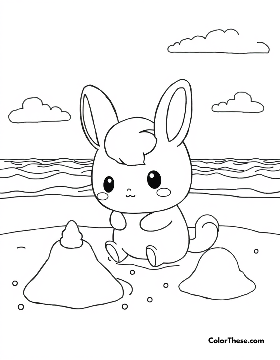 Free printable cinnamoroll beach day coloring page for kids and adults - A cinnamoroll having fun at the beach with sand castles and waves.