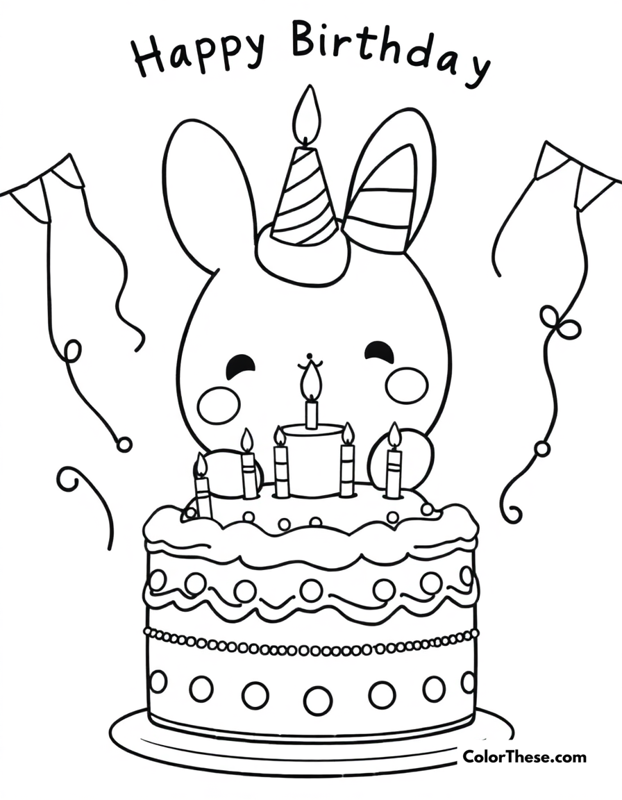 Free printable cinnamoroll birthday party coloring page for kids and adults - A cinnamoroll celebrating a happy birthday with cake and decorations.