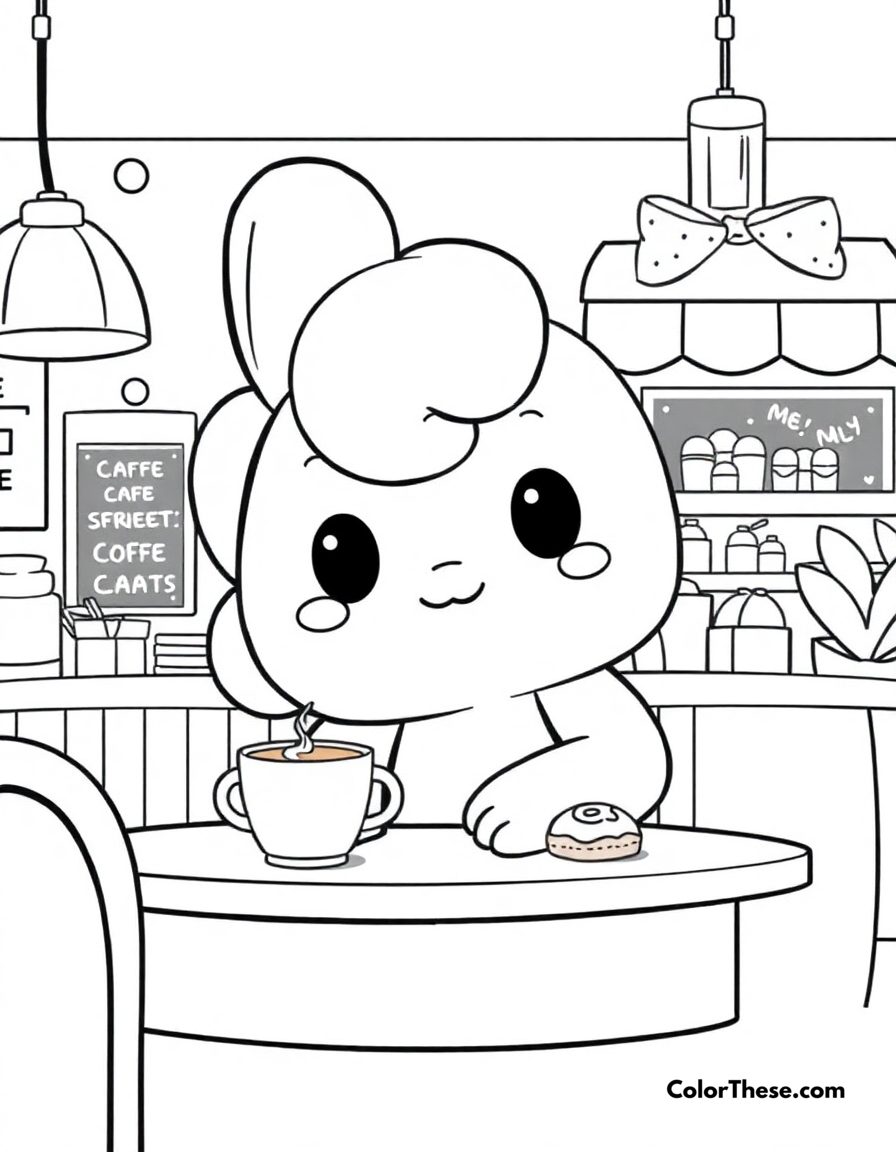 Free printable cinnamoroll cafe time coloring page for kids and adults - A cinnamoroll enjoying time at his favorite cafe with coffee and sweets.