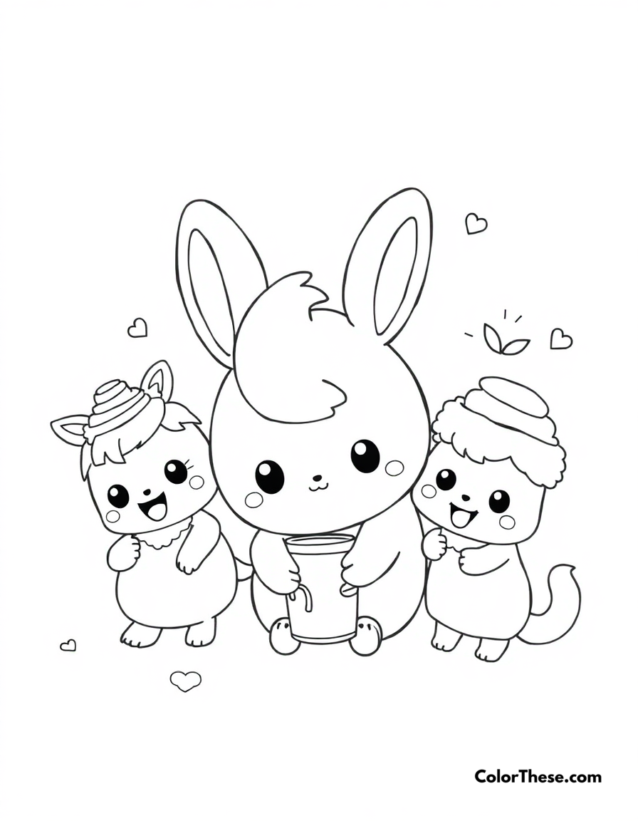 Free printable cinnamoroll and friends coloring page for kids and adults - A cinnamoroll playing with his best friends mocha, cappuccino, and others.