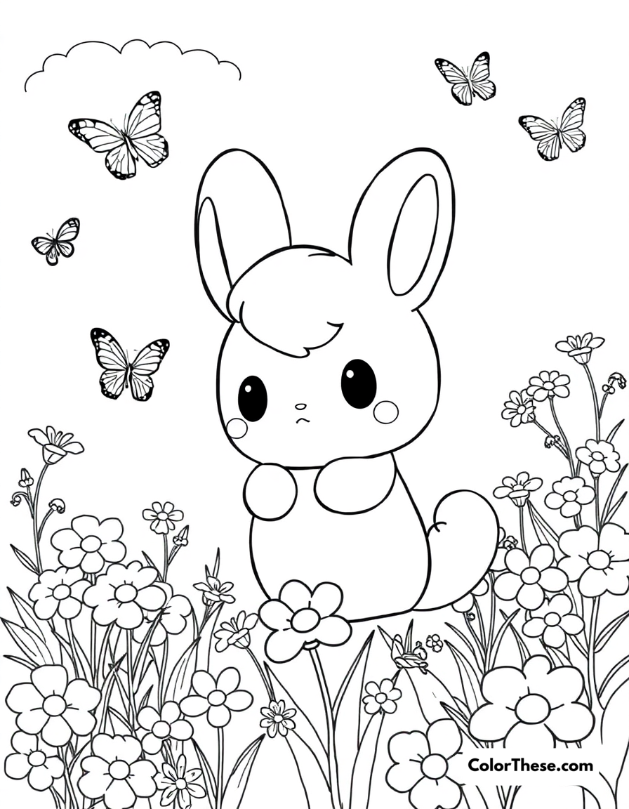 Free printable cinnamoroll in the garden coloring page for kids and adults - A cinnamoroll enjoying a beautiful day among flowers and butterflies.