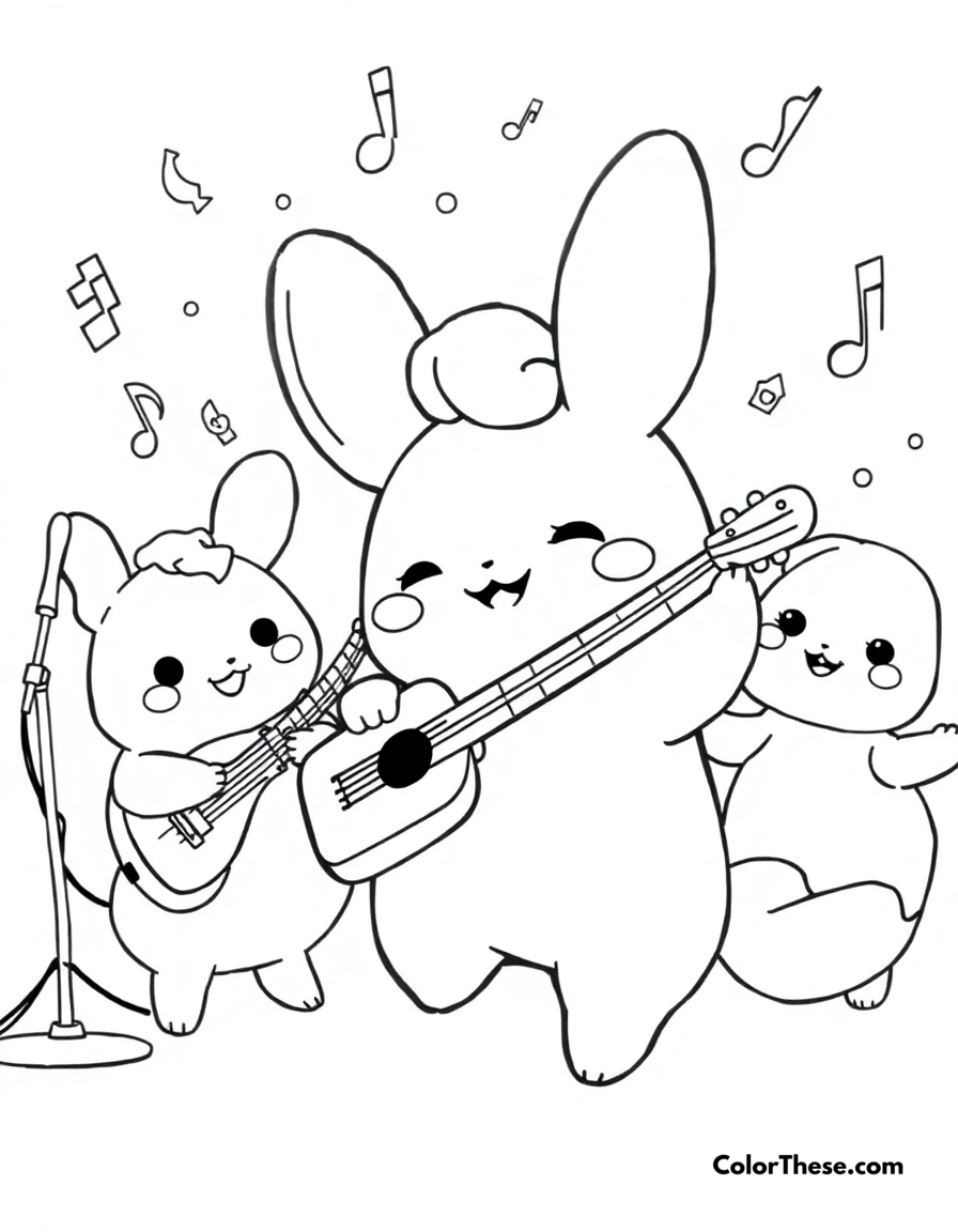 Free printable cinnamoroll music time coloring page for kids and adults - A cinnamoroll enjoying music and dancing with friends.