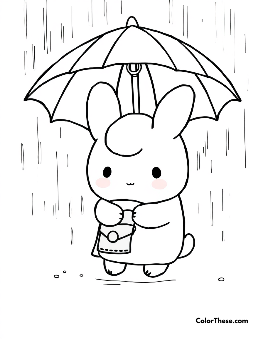 Free printable cinnamoroll rainy day coloring page for kids and adults - A cinnamoroll staying cozy with an umbrella on a rainy day.