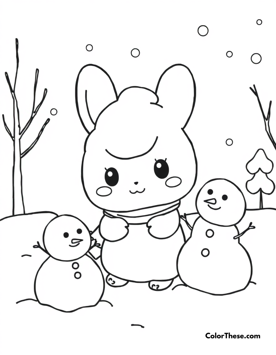 Free printable cinnamoroll winter fun coloring page for kids and adults - A cinnamoroll playing in the snow and making snowmen.