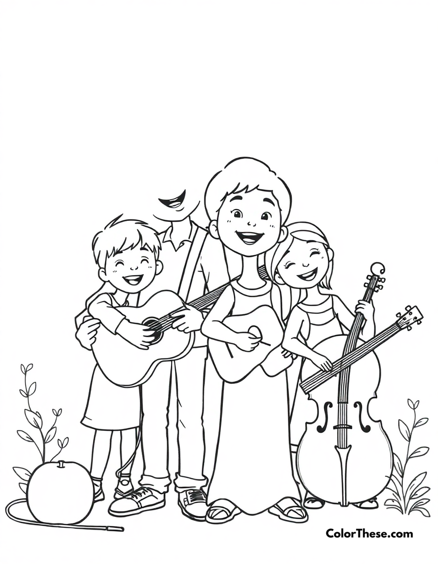 Free printable family music time coloring page for kids and adults - A jj and his family making music together with various instruments.