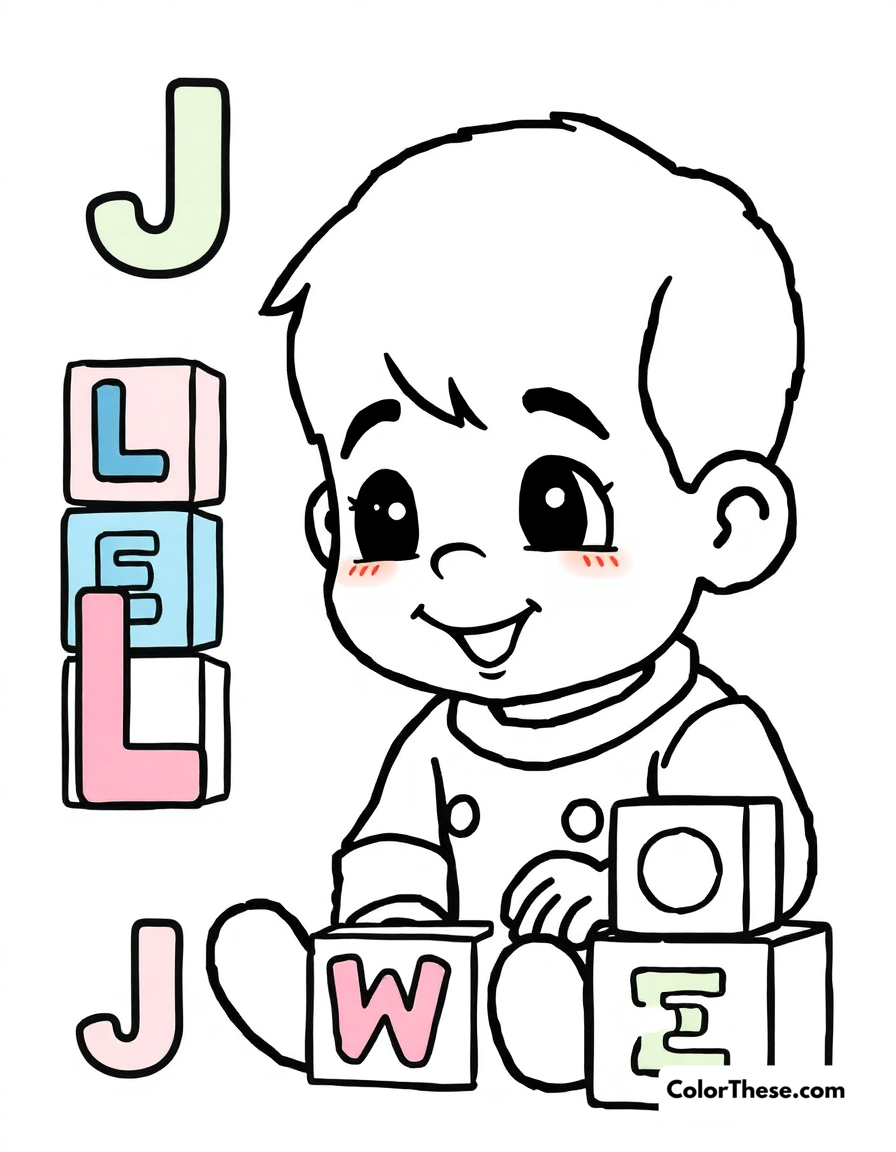 Free printable learning abc's coloring page for kids and adults - A jj learning his letters with colorful alphabet blocks.