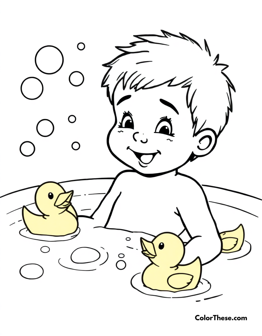 Free printable bath time fun coloring page for kids and adults - A jj enjoying bath time with rubber ducks and bubbles.