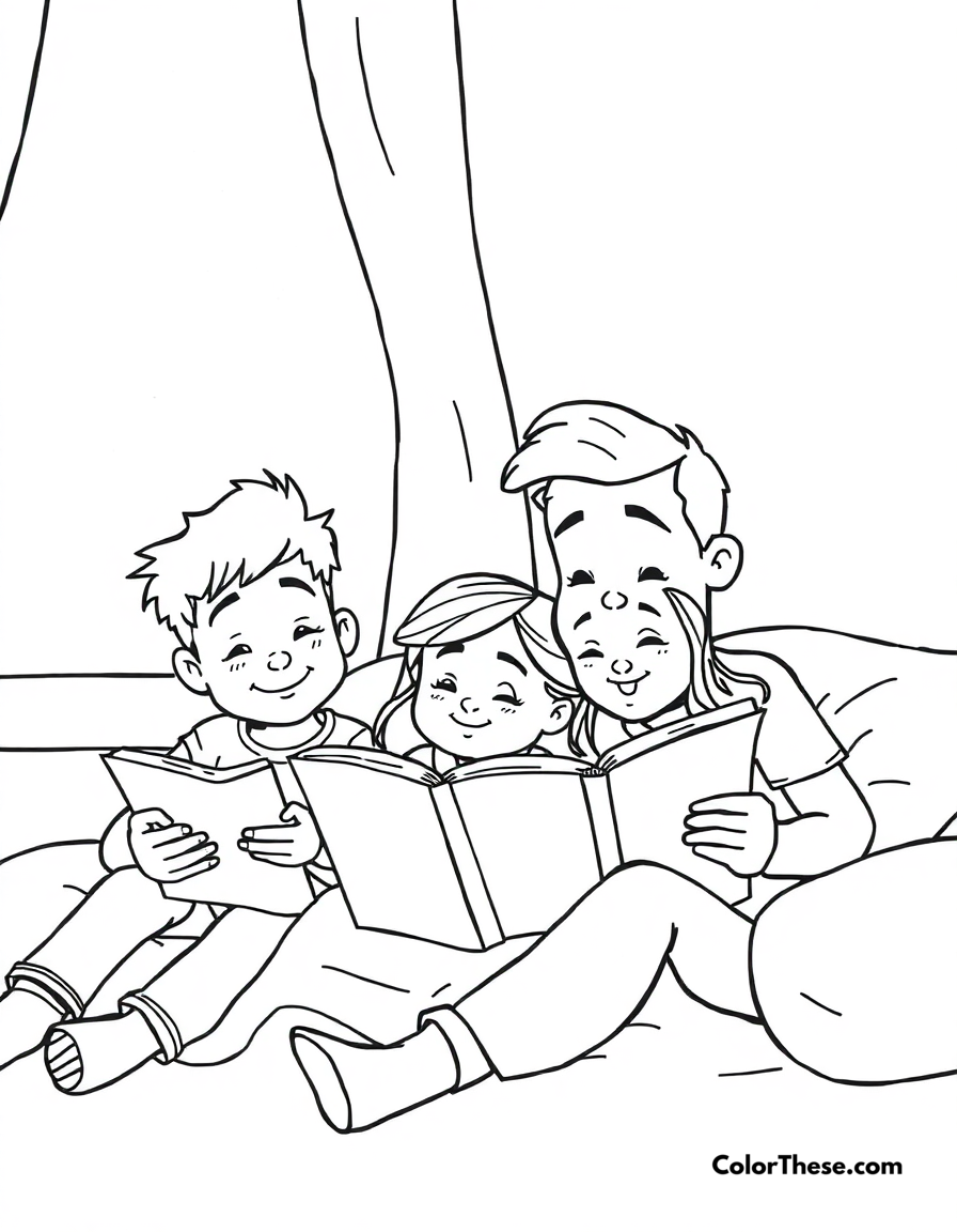 Free printable bedtime stories coloring page for kids and adults - A jj and his family reading bedtime stories together.