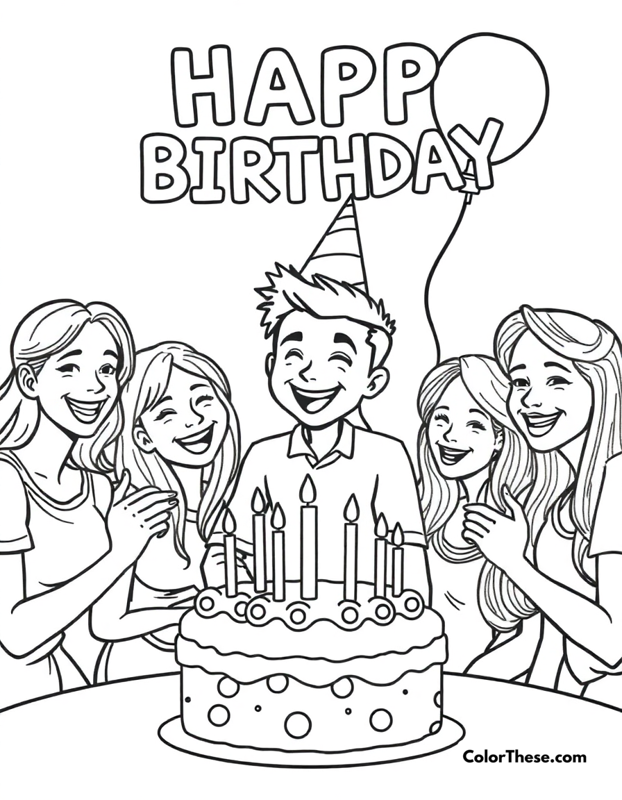 Free printable birthday party coloring page for kids and adults - A jj celebrating a birthday with friends and family.