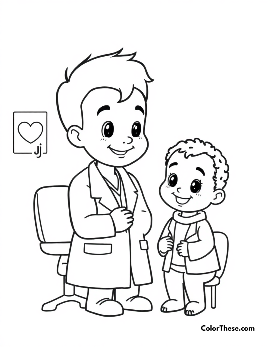 Free printable doctor visit coloring page for kids and adults - A jj learning about health at a doctor's checkup.