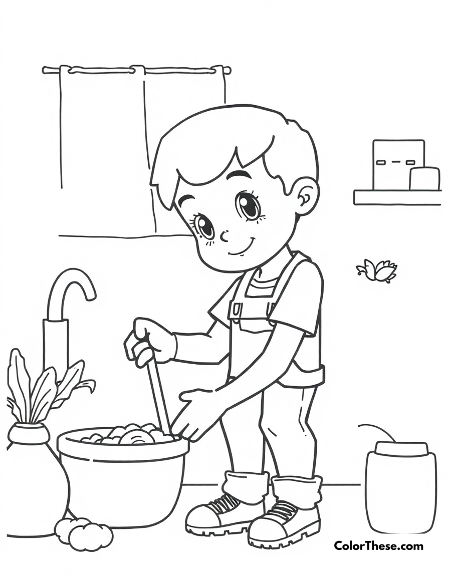 Free printable helping at home coloring page for kids and adults - A jj helping with household chores and activities.