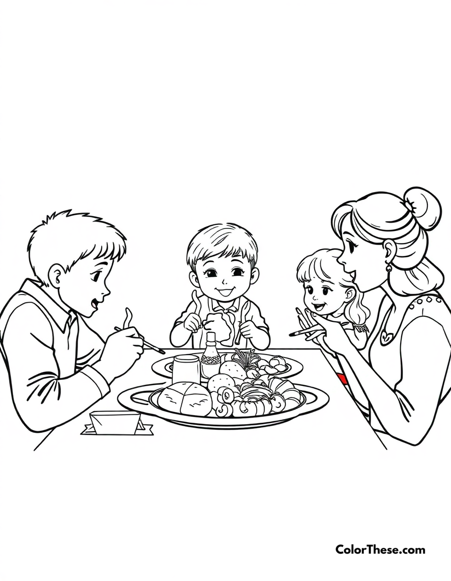 Free printable mealtime together coloring page for kids and adults - A jj and family enjoying a meal together.