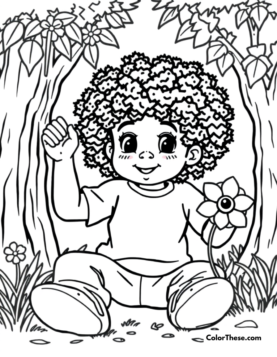 Free printable outdoor adventures coloring page for kids and adults - A jj exploring nature and playing outside.