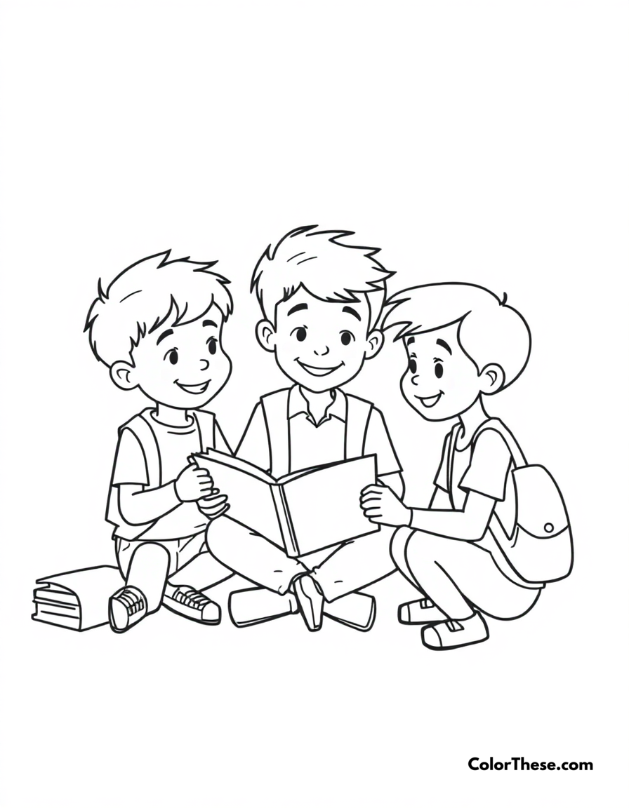 Free printable school time coloring page for kids and adults - A jj learning and playing at school with his friends.