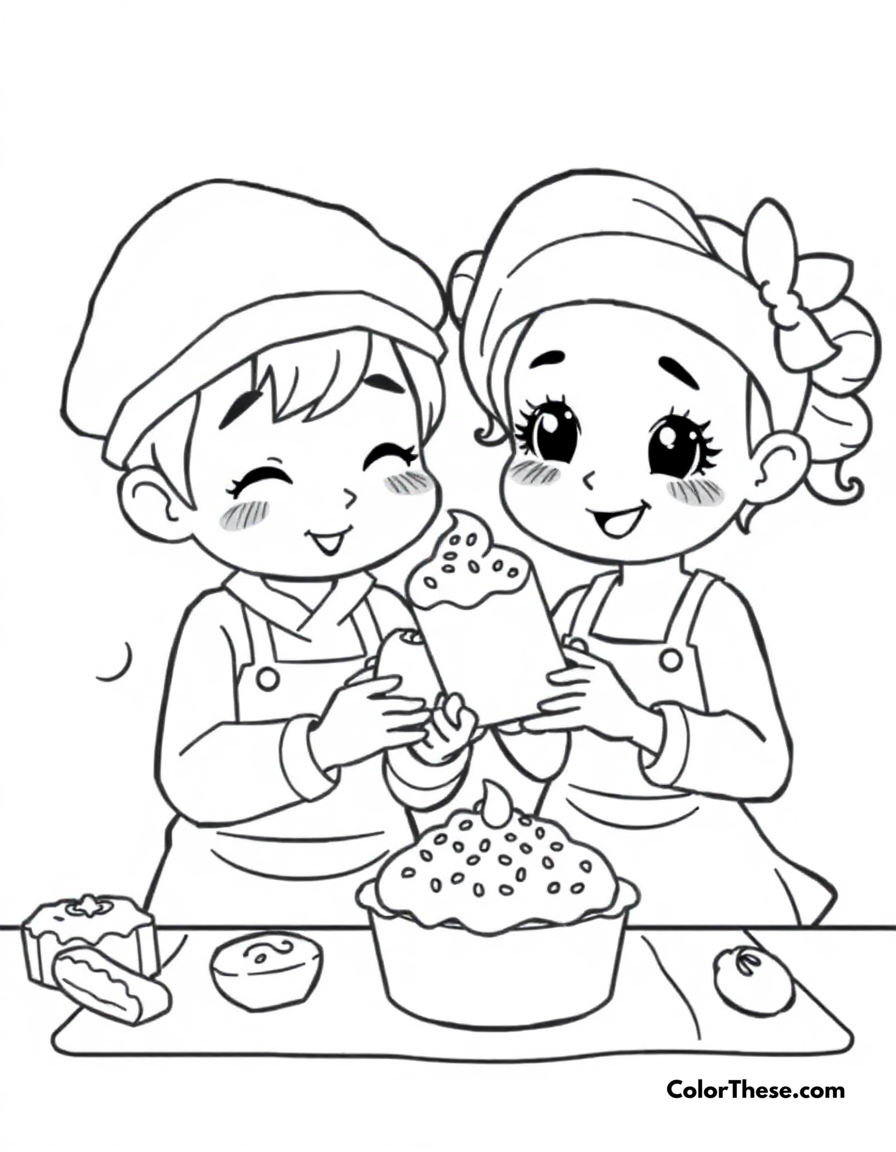 Free printable baking day coloring page for kids and adults - A adorable characters baking sweet treats together.