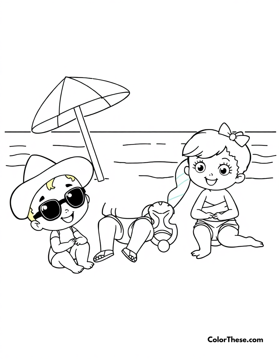 Free printable beach buddies coloring page for kids and adults - A adorable characters having fun at the beach.