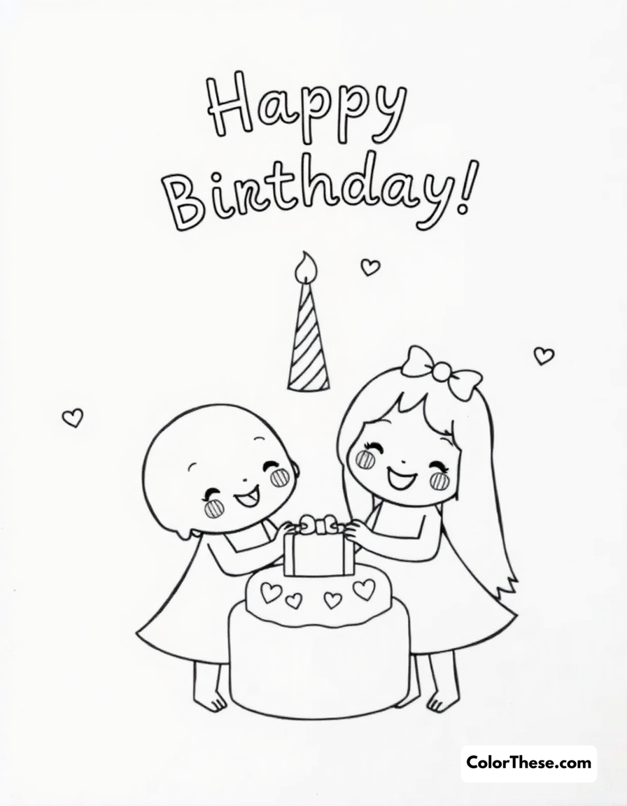 Free printable birthday buddies coloring page for kids and adults - A sweet characters celebrating a happy birthday together.