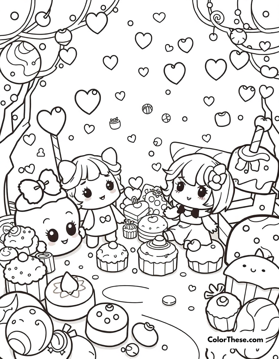 Free printable candy land coloring page for kids and adults - A adorable characters in a world made of sweets and treats.